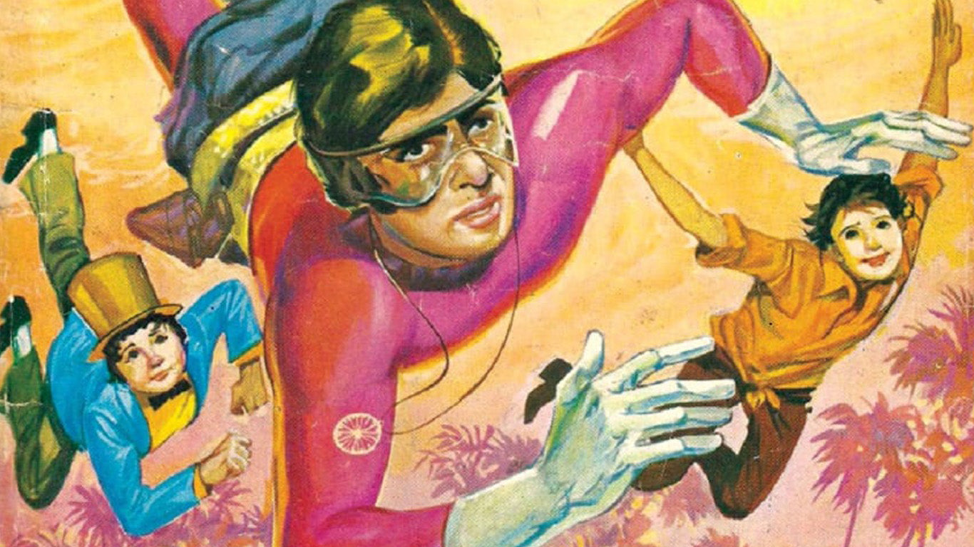 Amitabh Bachchan as Supremo in the comics - flying alongside his sidekicks