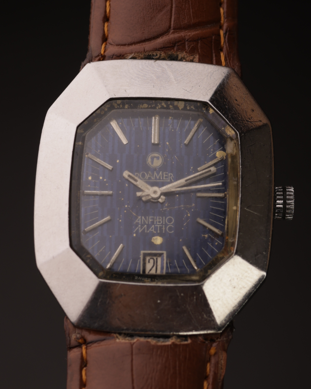 Roamer Anfibio Matic Vintage Watch Automatic Textured Blue Dial Swiss Made 1970s