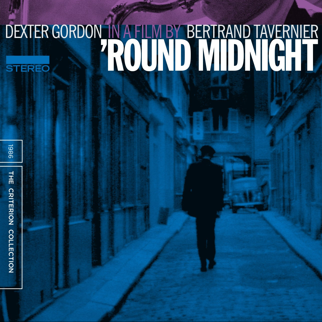 Blu-ray cover for 'Round Midnight featuring The Criterion Collection branding, an image of a man walking down a street with a saxophone, and various credits and details about the film.
