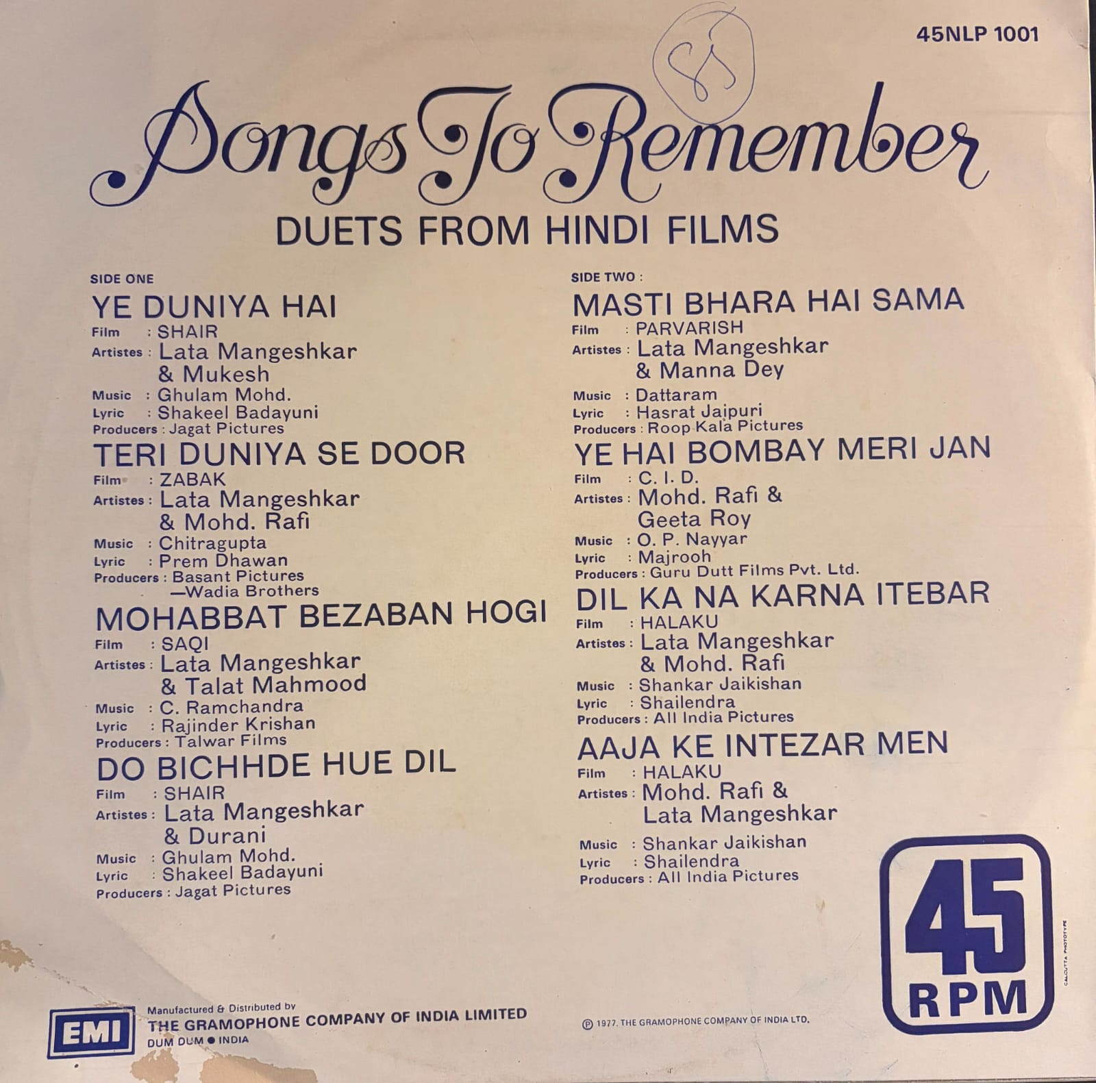 Various – Songs To Remember (Duets From Hindi Films) (Used Vinyl - VG+) JB Marketplace