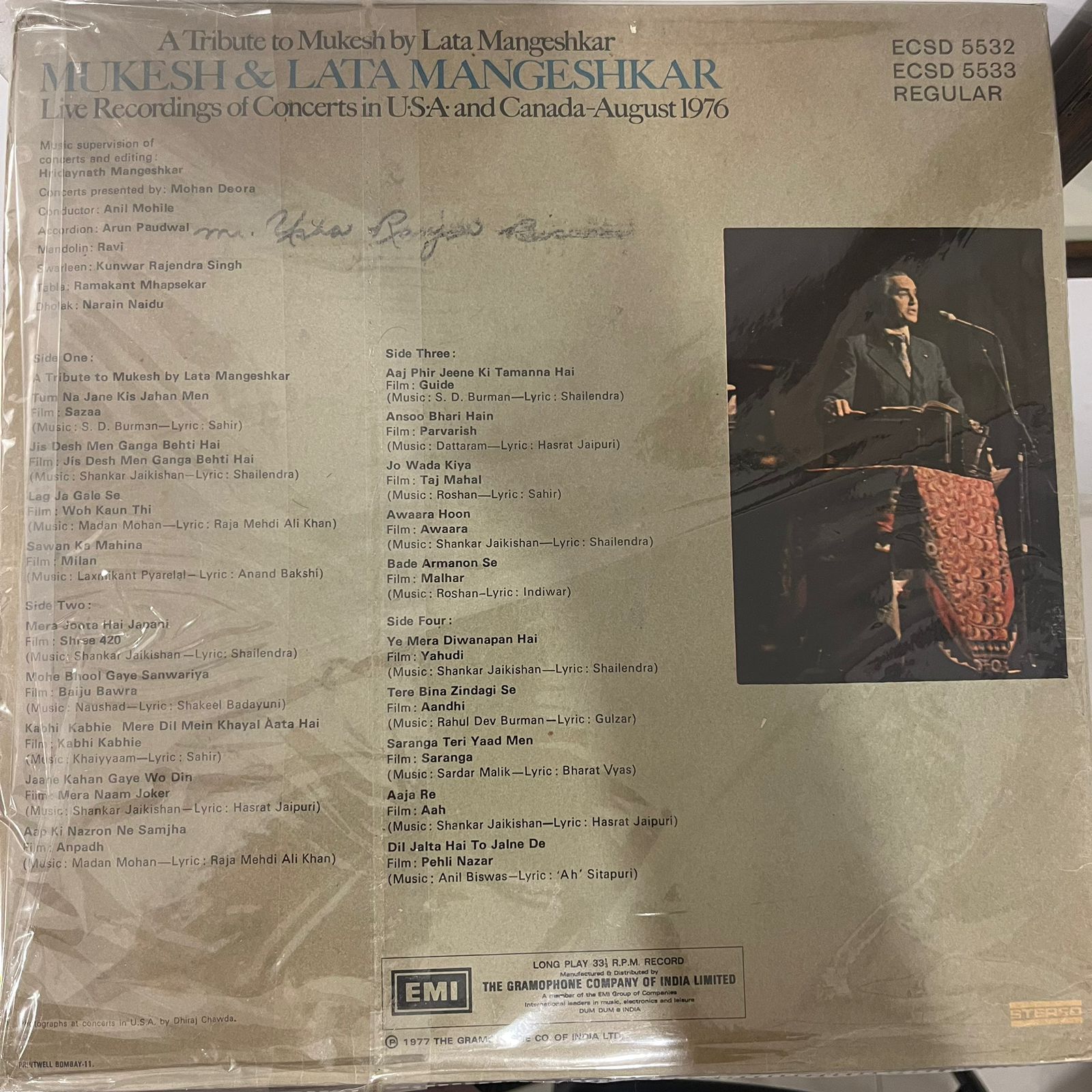 Mukesh & Lata Mangeshkar – A Tribute To Mukesh By Lata Mangeshkar (Live Recordings Of Concerts In U•S•A• And Canada-August 1976) (Used Vinyl - VG) NJ Marketplace