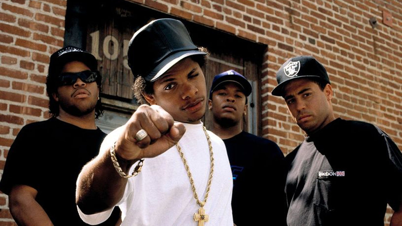 N.W.A Members group photo Eazy-E pointing at camera