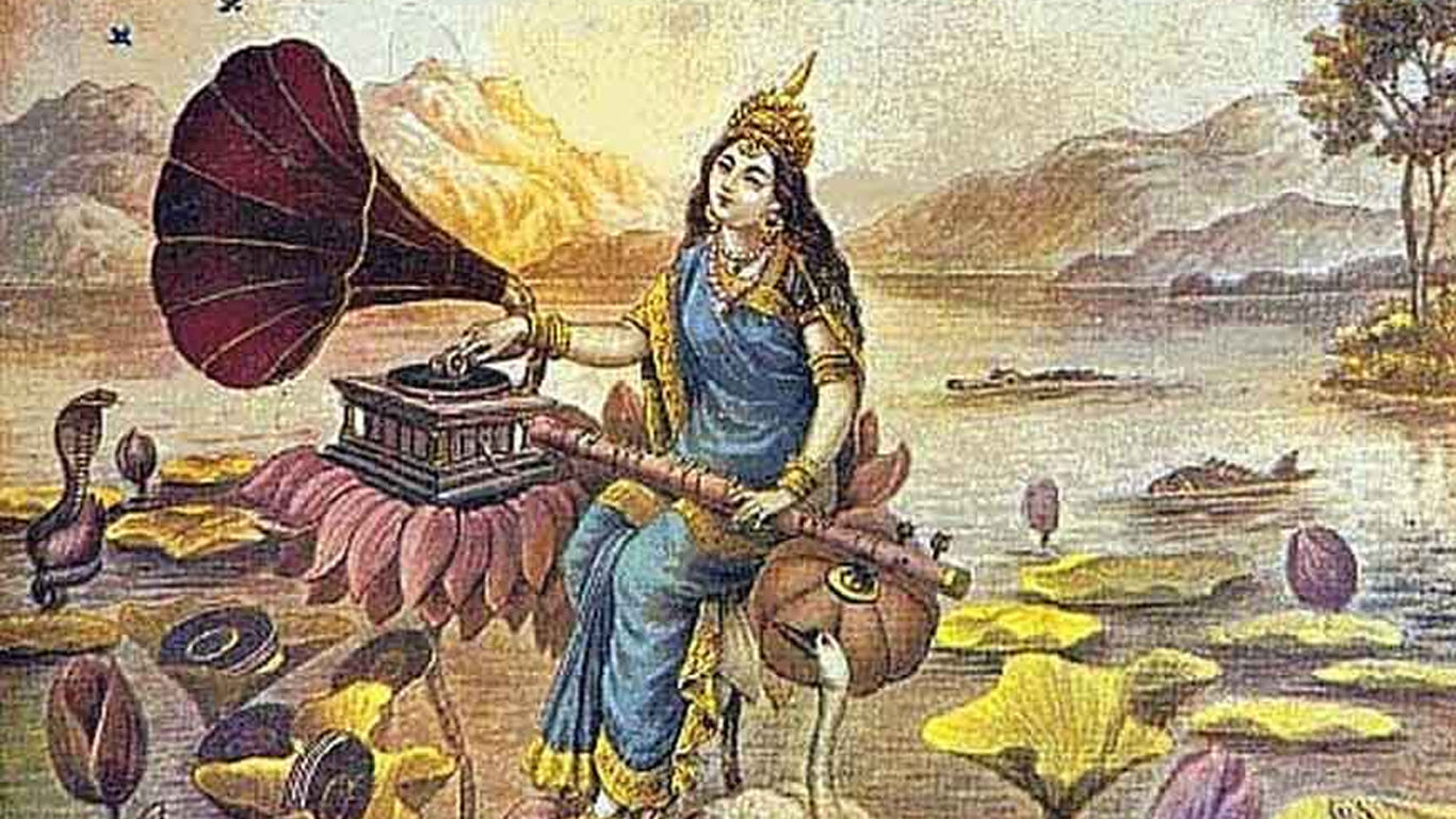 Painting of Hindu God listening to gramophone