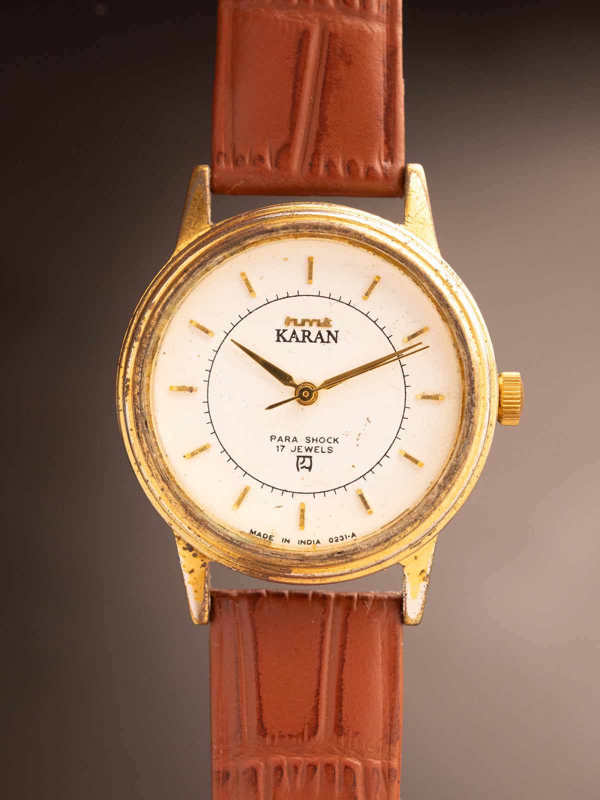 HMT Karan Gold White Dial Brown Strap Rare ( 057099 )