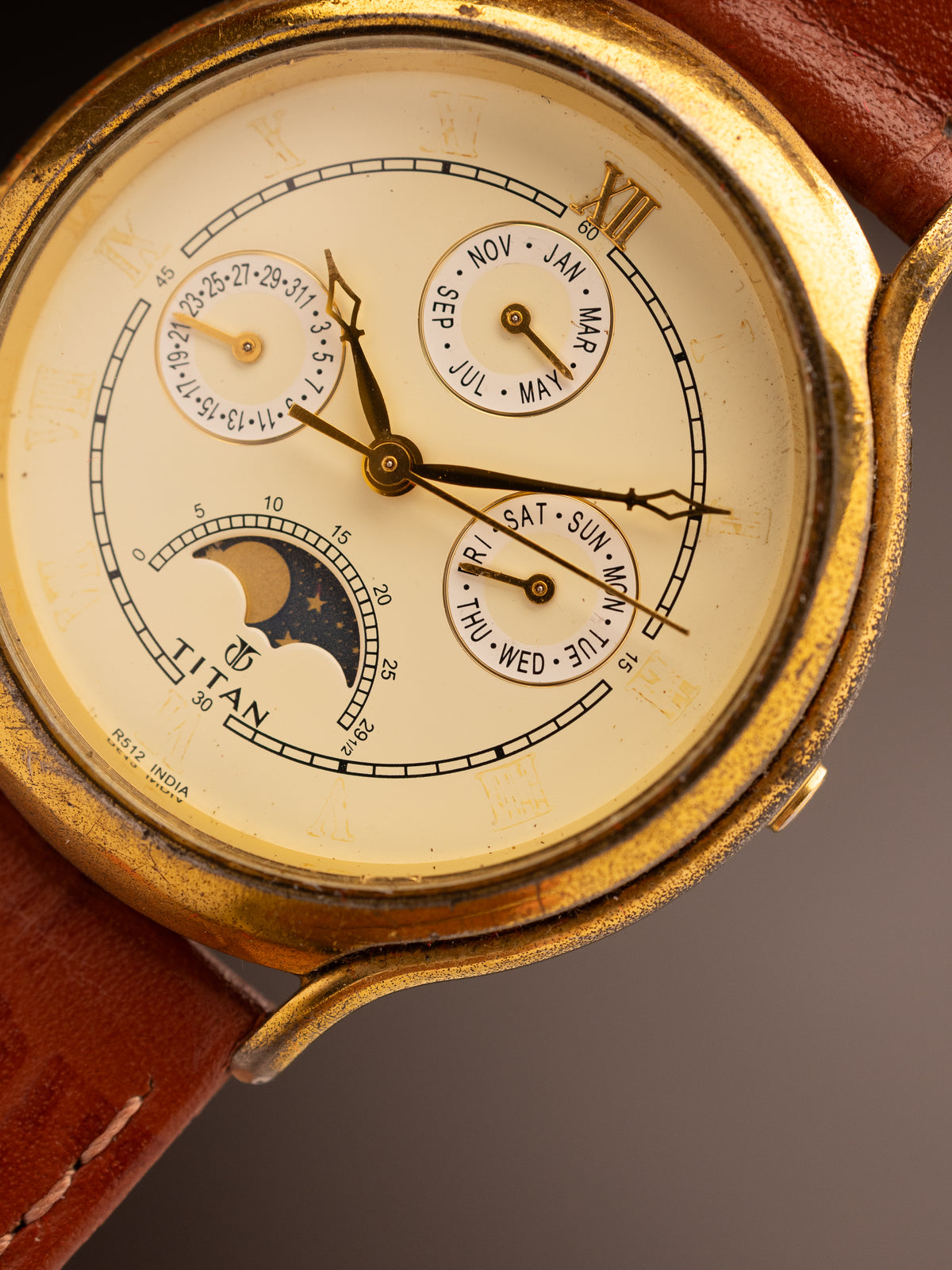 TitanTriple Calendar Moonphase Vintage Shimmer Gold Dial ( 257YAA ) Rare