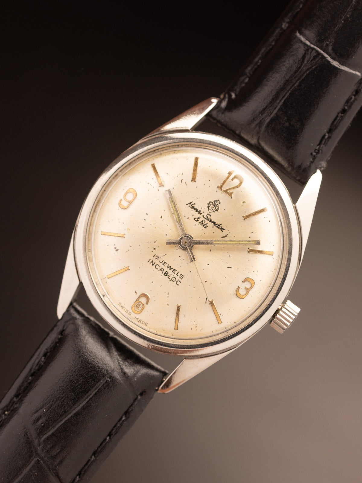 Henri Sandoz & Fils Manual Wind TL Black Strap ( 1761Y-88 )