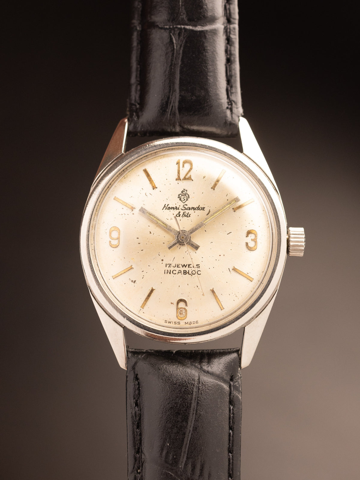 Henri Sandoz & Fils Manual Wind TL Black Strap ( 1761Y-88 )
