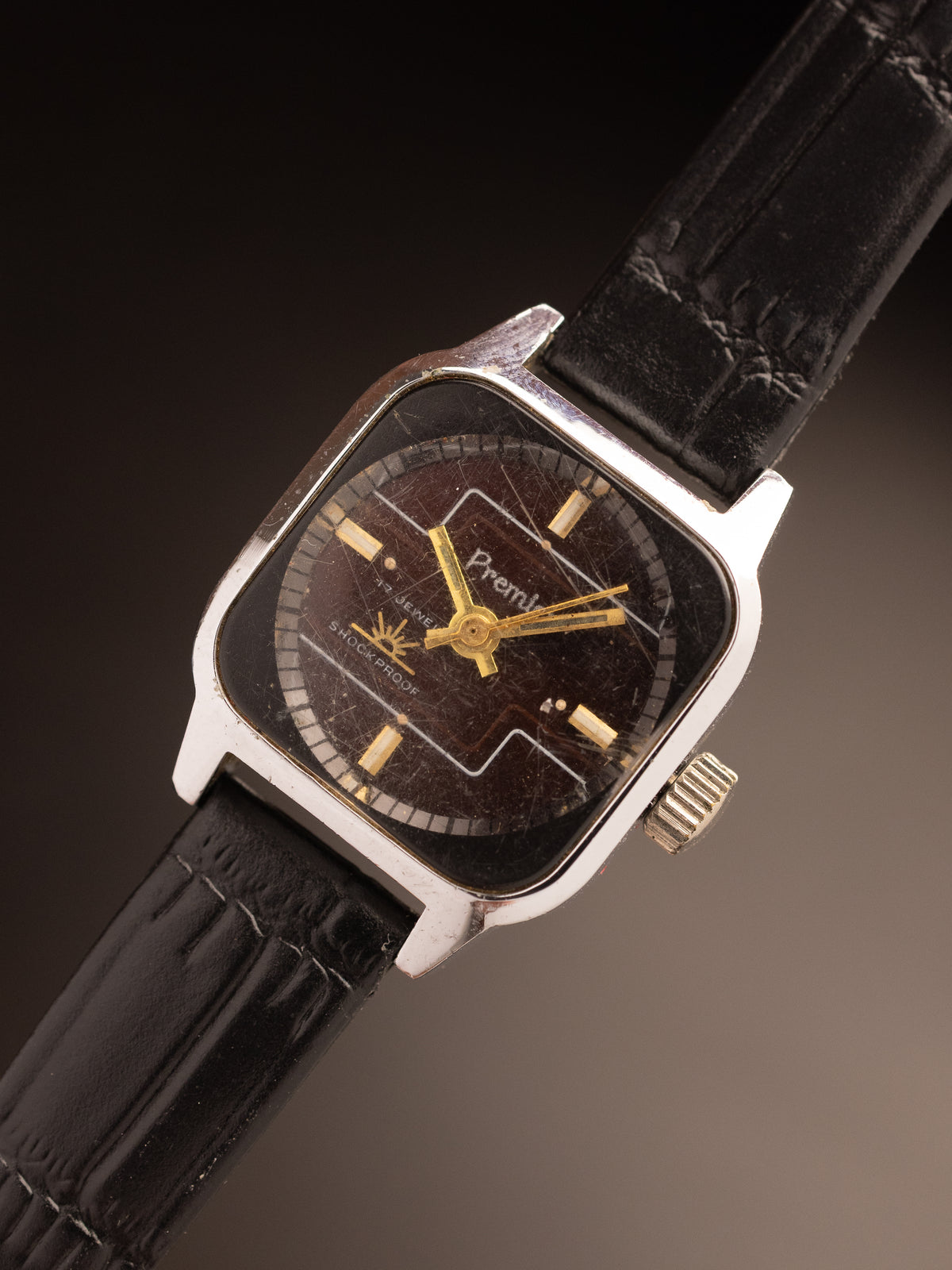 Premier Ladies Tank Silver Maroon Dial Black Strap NOS
