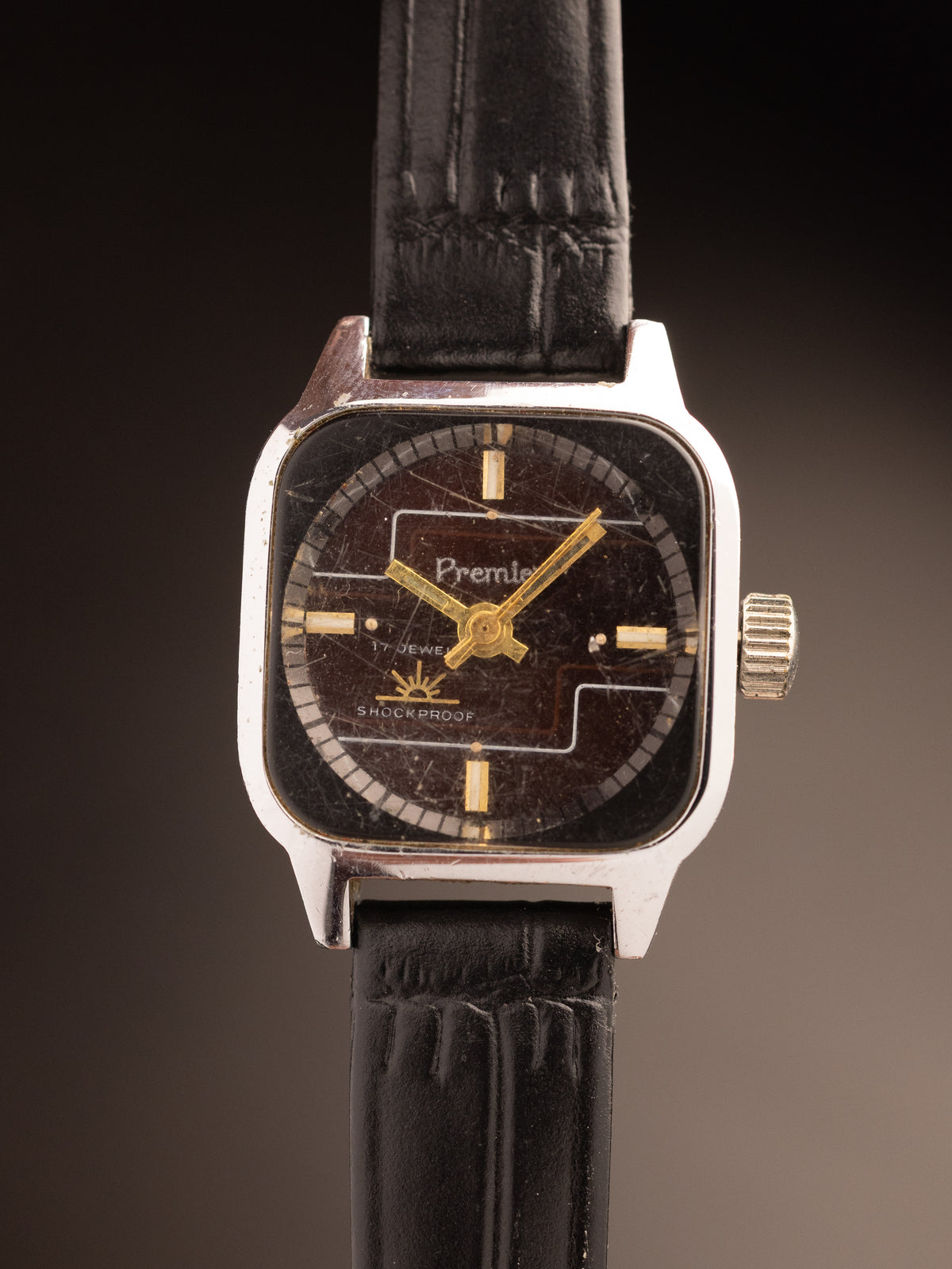 Premier Ladies Tank Silver Maroon Dial Black Strap NOS