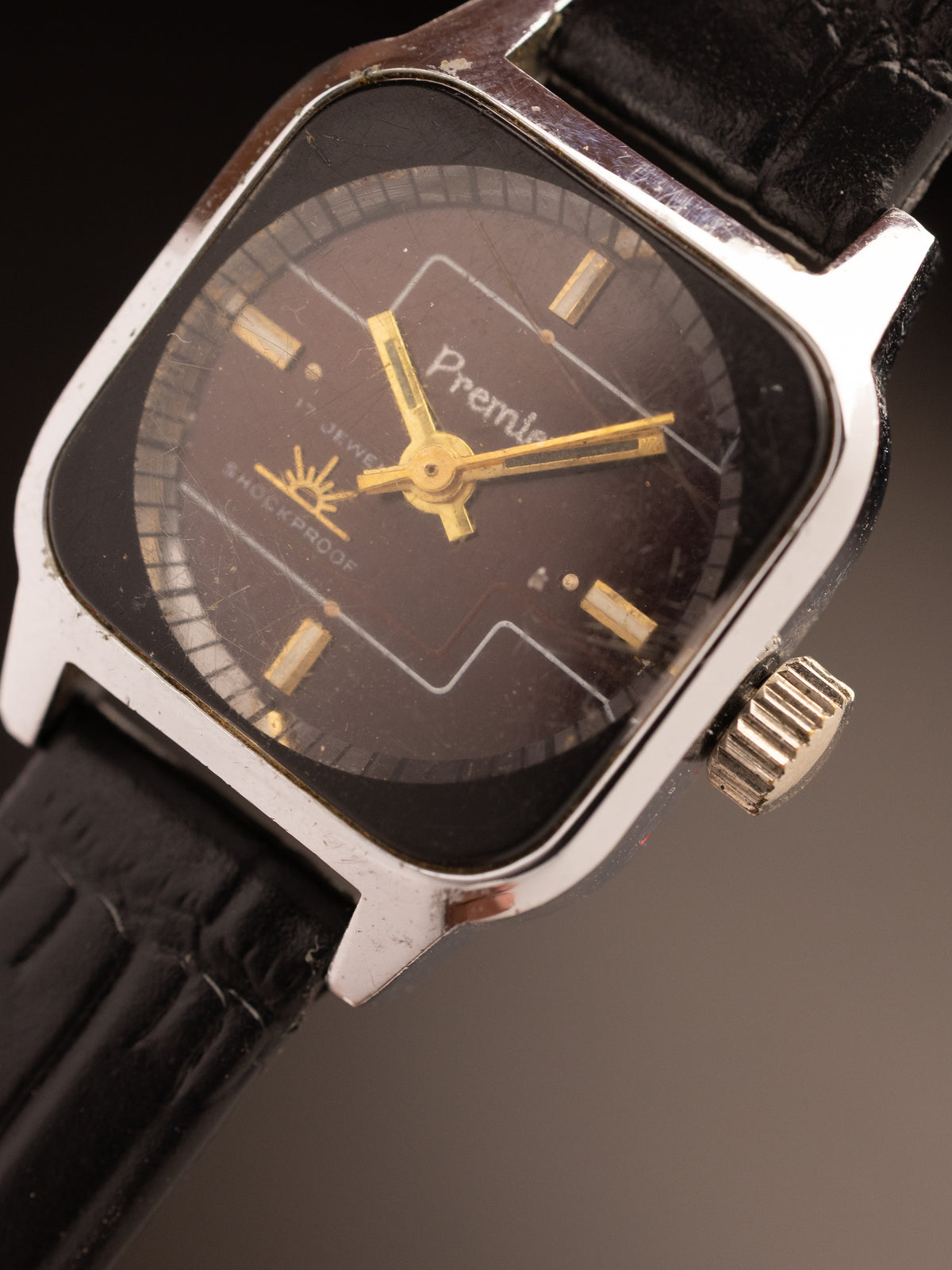 Premier Ladies Tank Silver Maroon Dial Black Strap NOS