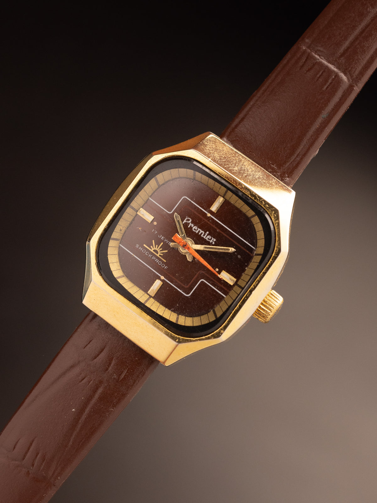 Premier Ladies Tank Gold Maroon Dial Maroon Strap NOS