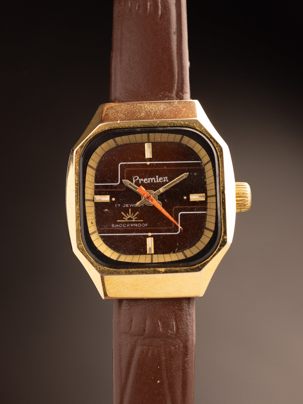 Premier Ladies Tank Gold Maroon Dial Maroon Strap NOS