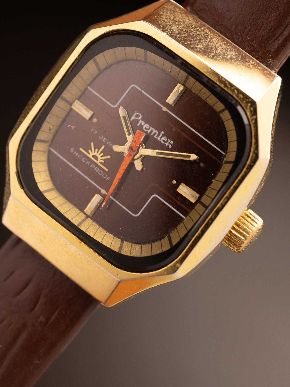 Premier Ladies Tank Gold Maroon Dial Maroon Strap NOS