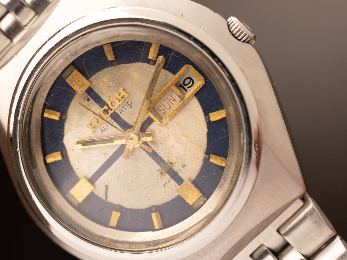 Ricoh Sakua Automatic Dual Tone White Blue Dial Mint ( 061489 ) Stock Bracelet