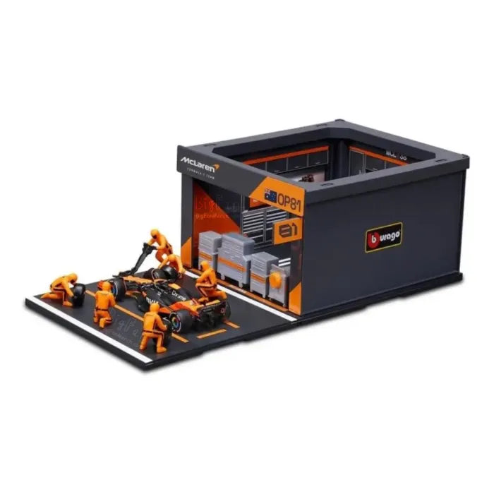 Bburago Garage Kit McLaren MCL38 Formula 1 Pit Stop Scene Oscar Piastri #81 Diecast Model Set – 1:43 Scale