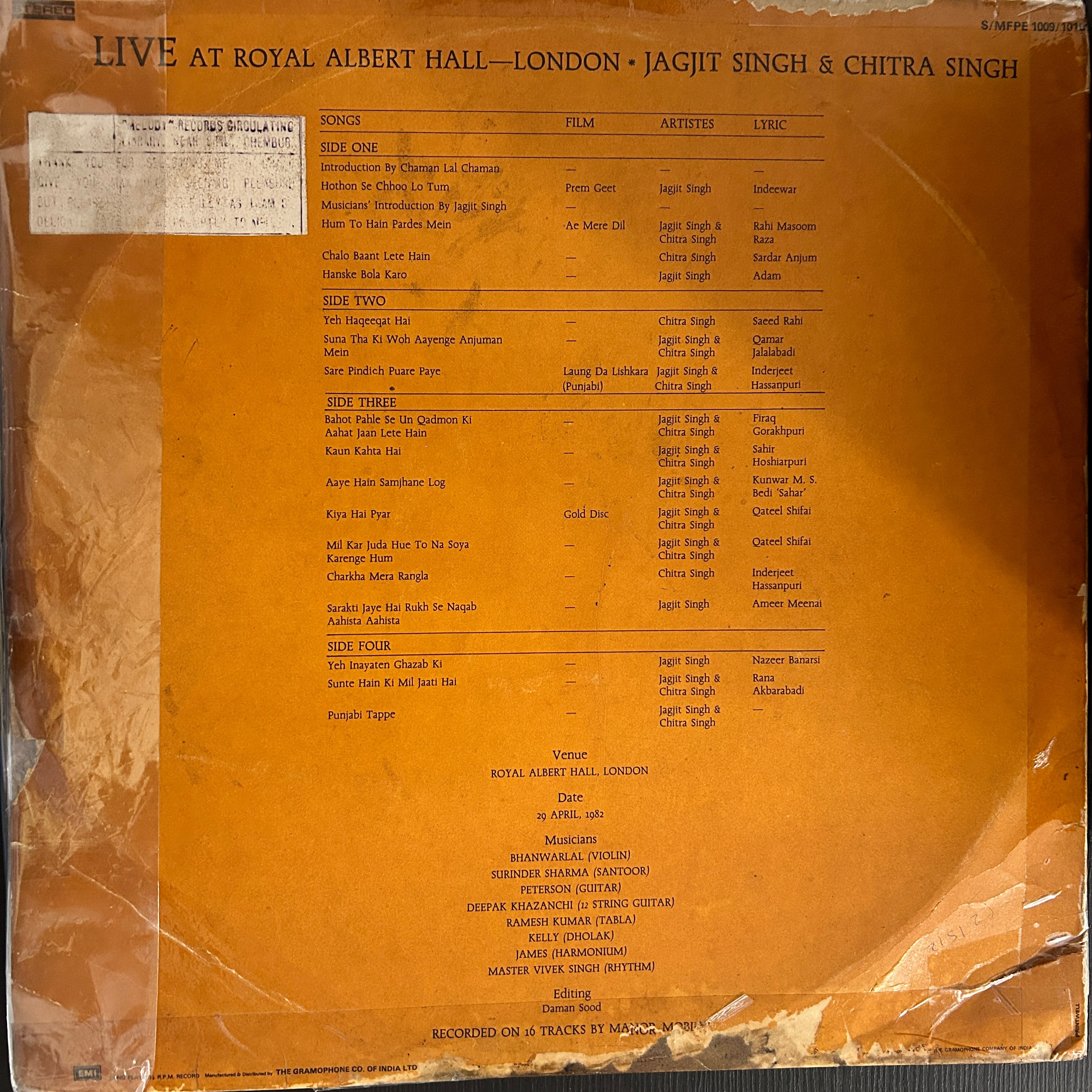 Jagjit Singh & Chitra Singh – Live At Royal Albert Hall London (Used Vinyl - G ) NJ Marketplace