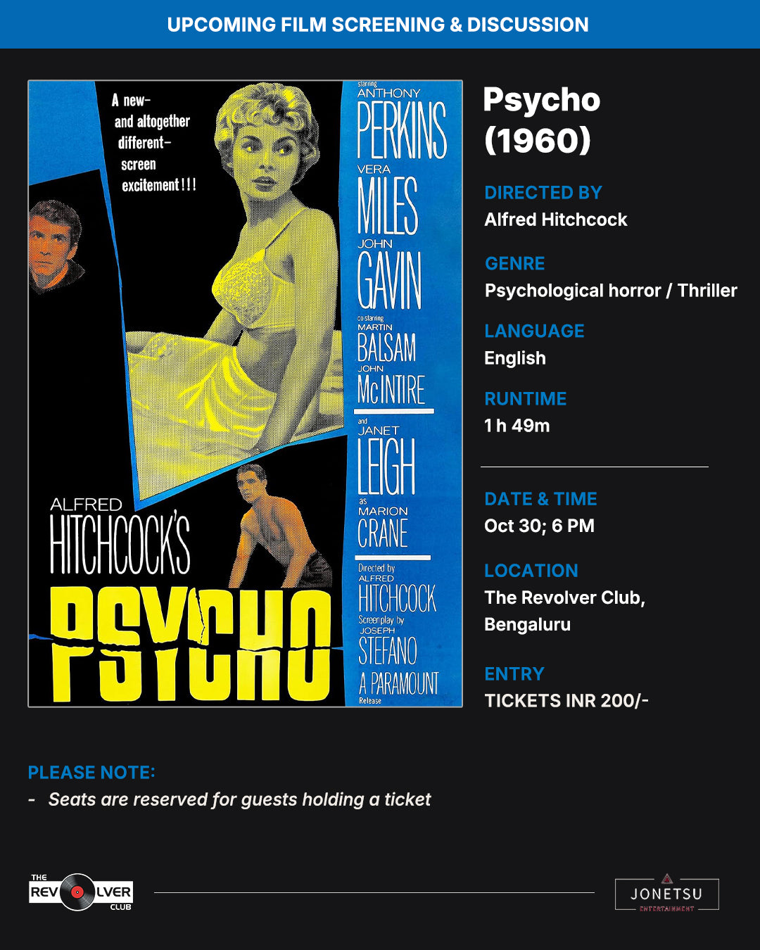 Psycho (1960) Film Screening at The Revolver Club (Bengaluru) - October 30th, 2026 | 6 PM Onwards