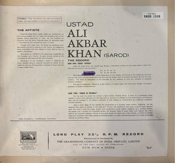 Ali Akbar Khan – Sarod (Raga • Durga • Dhun In Khamaj) (First Pressing) (Used Vinyl - NM) AE Marketplace