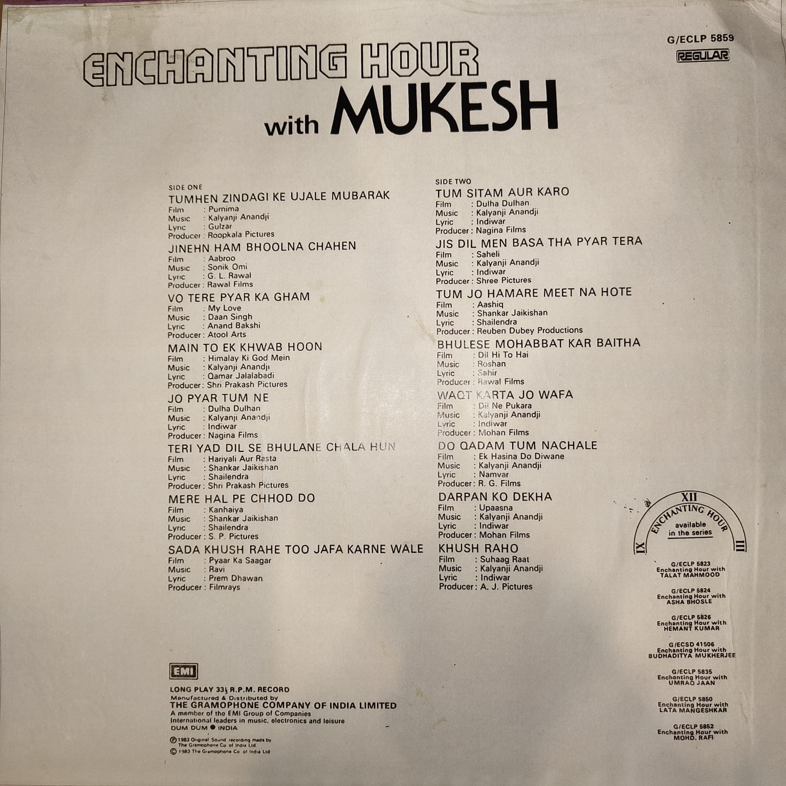 Mukesh – Enchanting Hour With Mukesh (Reprinted Cover) (Used Vinyl - G) NJ Marketplace