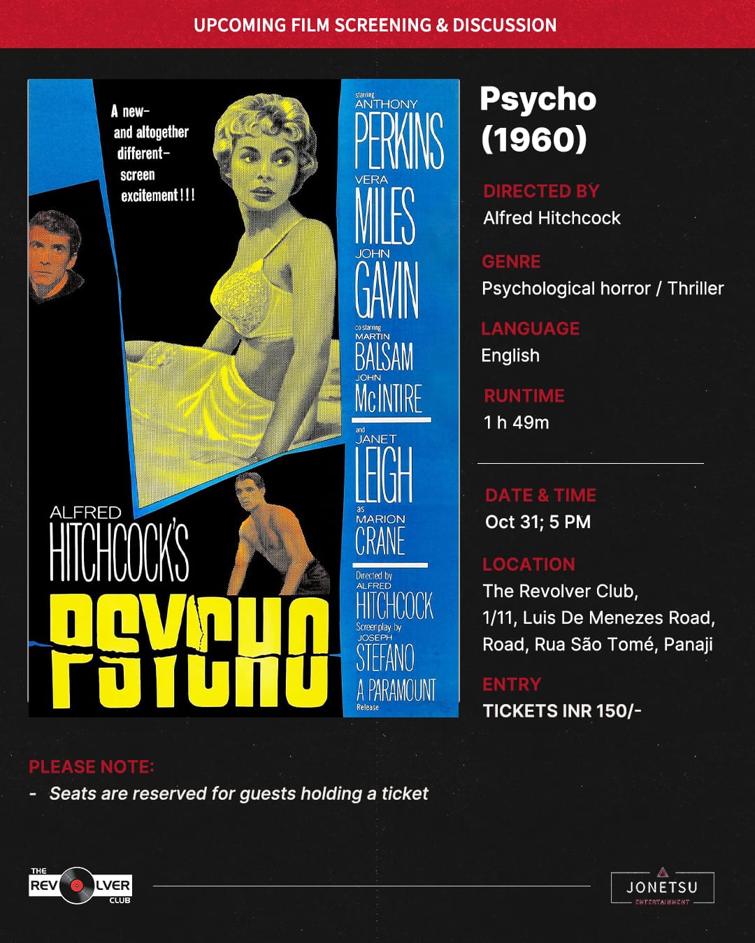 Psycho (1960) Film Screening at The Revolver Club (Goa) - October 31st, 2026 | 5 PM Onwards