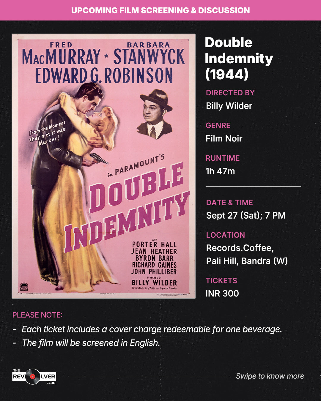 Double Indemnity Film Screening and Discussion | September 27 (Saturday) | 7 PM Onwards | at Records Coffee (Bandra)