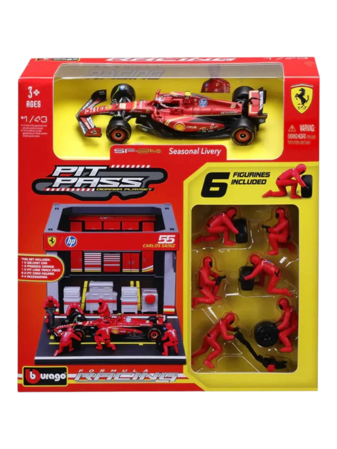 Bburago Garage Kit Pit Stop Ferrari with SF-24 #55 Carlos Sainz Diecast Model Set – 1:43 Scale