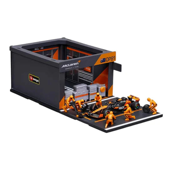 Bburago Garage Kit McLaren MCL38 Formula 1 Pit Stop Scene Oscar Piastri #81 Diecast Model Set – 1:43 Scale