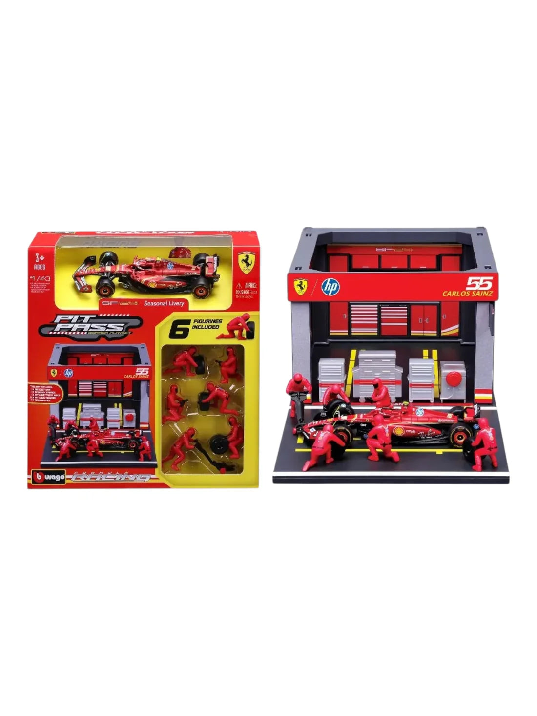 Bburago Garage Kit Pit Stop Ferrari with SF-24 #55 Carlos Sainz Diecast Model Set – 1:43 Scale
