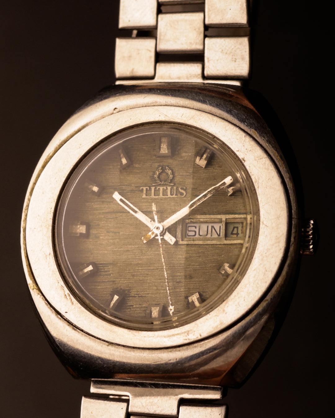 Titus Automatic Day-Date Brushed Steel Dial (1970s Vintage) [40mm]